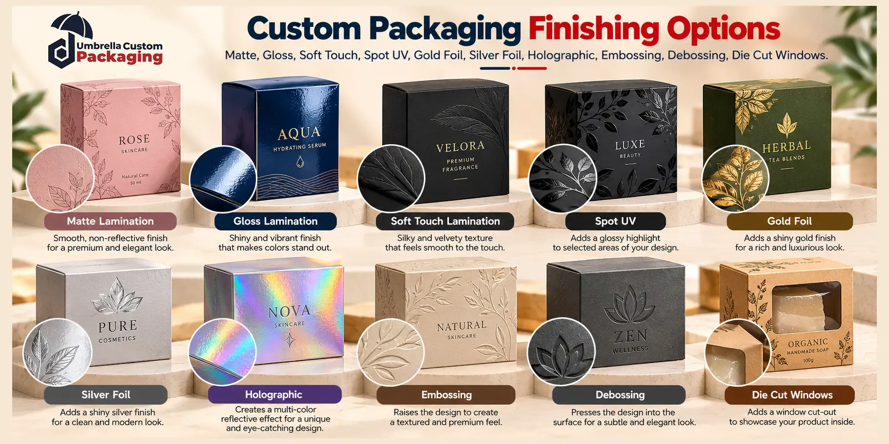 Custom packaging box finishing options including matte, gloss, soft touch, spot UV, gold foil, silver foil, holographic foil, embossing, debossing, and die cut windows